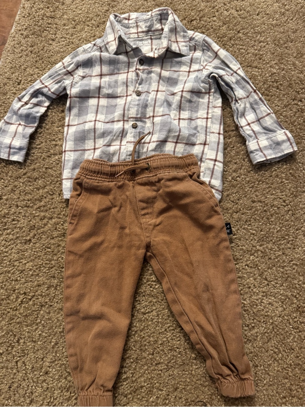 Carter's White & Brown Plaid Button-Down Shirt w/ joggers